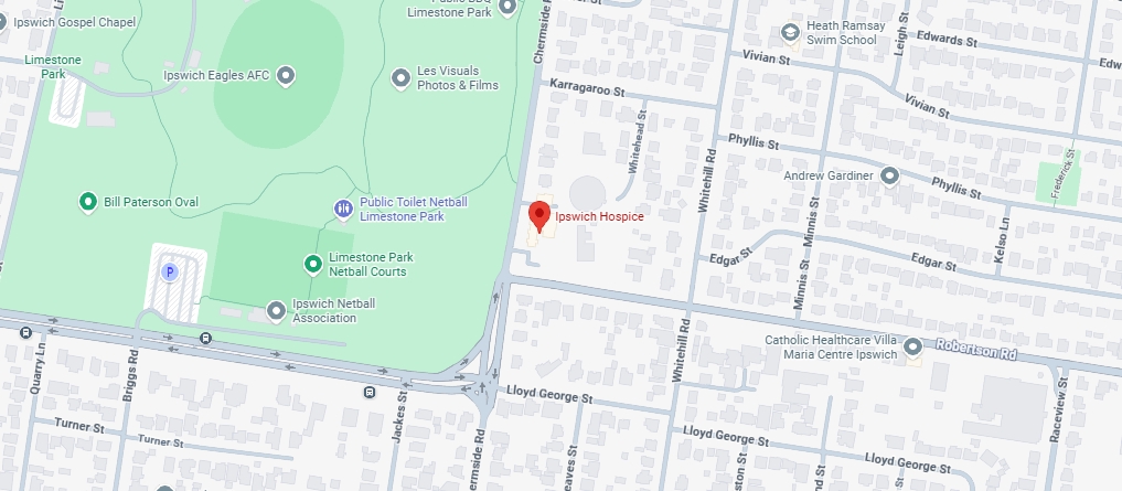 Map picture with pin on Ipswich Hospice's location.