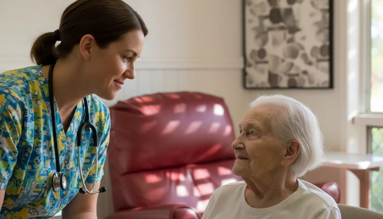Nurse talking with older female patient.